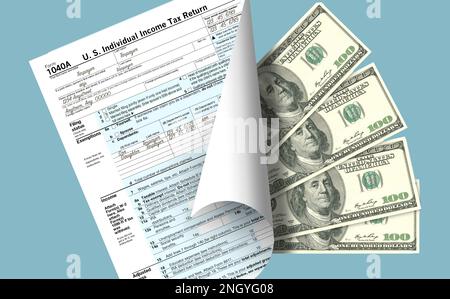 Un formulaire d'impôt fédéral sur le revenu des États-Unis 1040 est vu avec quatre billets d'un dollar dépairé pour représenter les impôts à payer ou un remboursement d'impôt. Cette illustration 3-d est Banque D'Images