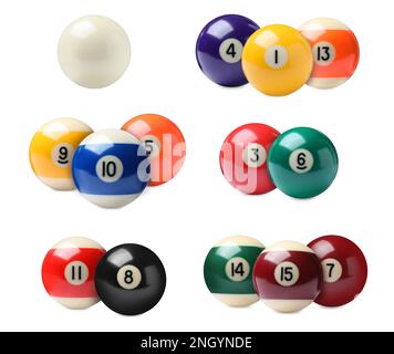 Jeu de boules de billard sur fond blanc Banque D'Images