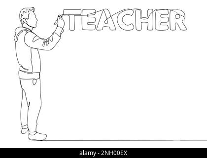 Une ligne continue de l'homme pointant vers le mot enseignant. Concept de vecteur d'illustration à trait fin. Dessin de contour idées créatives. Illustration de Vecteur