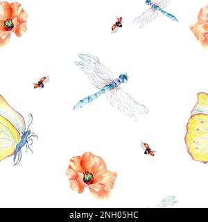 Fleurs et insectes de prairie aquarelle motif sans couture sur blanc. Coquelicots rouges, libellules, papillons, coccinelles dessinées à la main. Conception pour tissu, emballage, t Banque D'Images