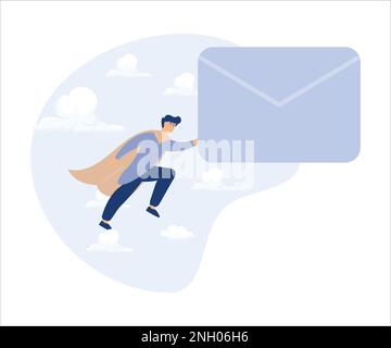 Communication par e-mail, concept d'envoi de message ou d'information, super-héros d'homme d'affaires transportant une grande enveloppe d'e-mail volant à l'adresse du destinataire. Vecteur plat Illustration de Vecteur