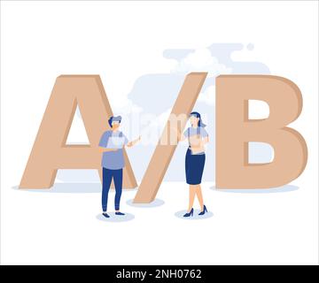 Test AB, programmeur homme d'affaires et utilisateurs assis sur les alphabets A et B pour le test. Illustration moderne à vecteur plat Illustration de Vecteur