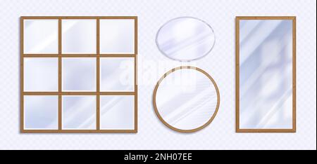 Ensemble réaliste de miroirs différents png isolé sur fond transparent. Illustration vectorielle de maquettes en verre à réflexion carrées, rondes et rectangulaires dans des cadres dorés et argentés. Élément de design intérieur Illustration de Vecteur