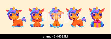 Ensemble de dessins animés de licorne mignon isolé sur l'arrière-plan. Illustration vectorielle du personnage de poney magique avec corne, manie colorée et émotions différentes. Animal doux heureux, souriant, triste, surpris par boîte cadeau Illustration de Vecteur