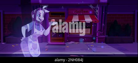 Fantôme effrayant près de l'arrière-plan abandonné du jeu de dessin animé de café. Effronté de la boulangerie de la ville avec auvent. Vue sur la façade du Vector sur un café d'époque dans une rue désordonnée. Magasin sale près du trottoir. Illustration de Vecteur