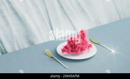 Présentation de plats de restaurant abstraits. Assiette blanche avec nuage rose et couverts sur la table avec nappe bleue. Concept de menu sain pour l'été. 3d ren Banque D'Images