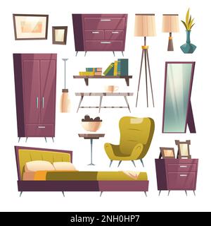 Ensemble de meubles de chambre à coucher dessin animé illustrations vectorielles. Éléments de collection pour l'intérieur du salon, lit, fauteuil et table basse, armoire et commode, accessoires de chambre isolés sur blanc Illustration de Vecteur