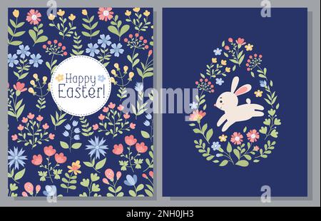 Ensemble de cartes de Pâques. Gros œuf de Pâques avec un joli lapin et un motif de fleurs colorées. Illustration vectorielle. Deux affiches passe-passe verticales modernes à plat Illustration de Vecteur