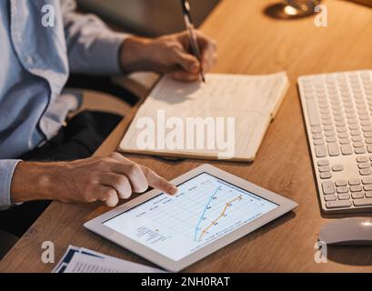 Graphique, planification et tablette avec les mains de l'homme d'affaires pour la rédaction, l'analyse des données et la croissance des bénéfices. Examiner, stratégie et objectif économique avec l'employé Banque D'Images