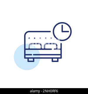 Routine de sommeil. Lit double et horloge. Icône de ligne de contour pixel Perfect, modifiable Illustration de Vecteur