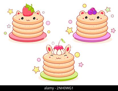Heure du petit déjeuner. Ensemble de jolis symboles culinaires dans le style kawaii pour un joli motif. Crêpes aux baies fraîches. Pile de crêpes en forme d'animal - lapin, chat, b Banque D'Images