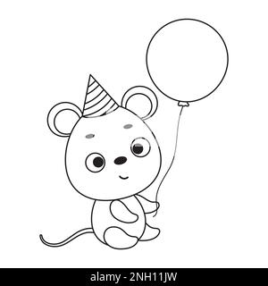 Page de coloriage mignon petite souris dans anniversaire chapeau tenir ballon. Livre de coloriage pour enfants. Activité éducative pour les enfants d'âge préscolaire et les tout-petits avec Illustration de Vecteur