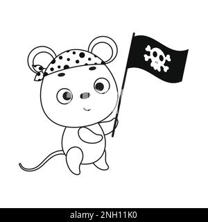 Page de coloriage petite souris mignonne avec drapeau pirate. Livre de coloriage pour enfants. Activité éducative pour les enfants d'âge préscolaire et les tout-petits avec un animal mignon. Illustration de Vecteur