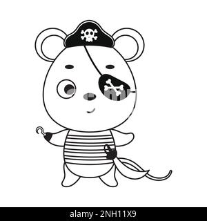 Page de coloriage mignonne petite souris pirate avec crochet et bandeau. Livre de coloriage pour enfants. Activité éducative pour les enfants et les tout-petits d'âge préscolaire Illustration de Vecteur