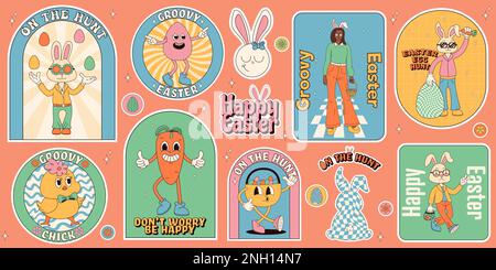 Stickers Groovy hippie Happy Pâques. Lapin de Pâques, œufs, fleurs, poulets. Lot d'autocollants de personnages et d'éléments de dessins animés dans une voiture rétro tendance 60s 70s Illustration de Vecteur