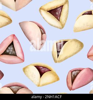 Hamantaschen Purim biscuits dessinés à la main motif sans couture sur fond bleu clair, aquarelle Israël Haman Ears dessert. Banque D'Images