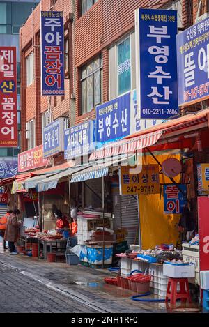 Marché aux poissons de Jagalchi le plus grand marché aux fruits de mer de Busan en Corée du Sud le 15 février 2023 Banque D'Images