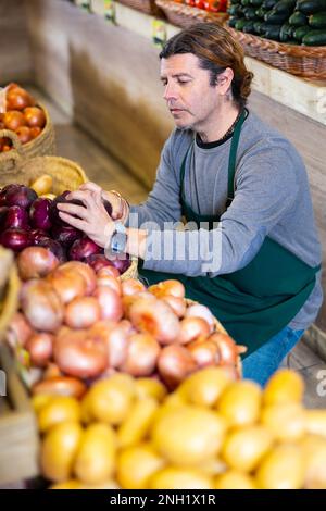 Un travailleur d'épicerie de sexe masculin organise l'oignon rouge et les autres légumes sur le comptoir Banque D'Images