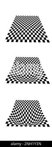 Processus de distorsion des plans en damier en perspective. Plancher de carreaux voilé. Ensemble de textures de damier curvatred. Panneaux convexes à motif carré Illustration de Vecteur