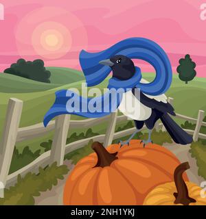 Un magpie dans un foulard bleu sur un champ de citrouille. Illustration du livre pour enfants. Beau paysage plat simple. Coucher de soleil ou lever de soleil rose. Paysage rural Illustration de Vecteur