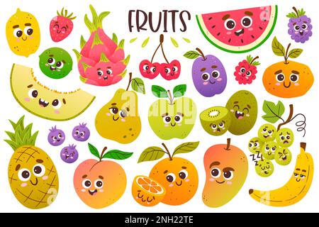 Jolie collection de fruits avec visages de dessin animé. Isolé coloré transparent. Illustration colorée. Banque D'Images