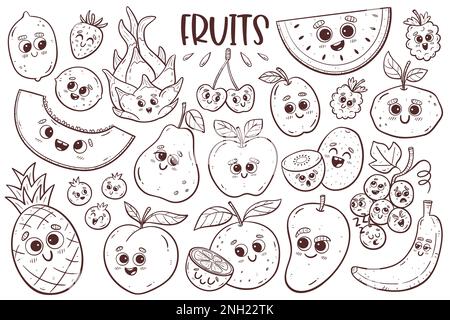 Jolie collection de fruits avec visages de dessin animé. Isolé doodle. Page d'illustration des couleurs. Banque D'Images