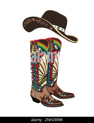 Illustration vectorielle des bottes de cow-boy et des chapeaux de l'Ouest. Illustration de Vecteur