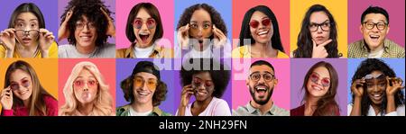 Mosaïque d'hommes et de femmes multiraciaux en lunettes, collage Banque D'Images