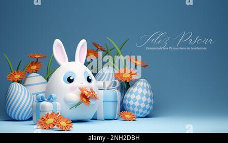 3D bannière joyeuses Pâques avec un petit lapin blanc kawaii avec de grands yeux bleus Banque D'Images