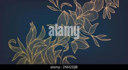 Motif de fleur de luxe art déco vectoriel, fond doré. Plantes ondulées dessinées à la main pour l'emballage, les médias sociaux poste, couverture, bannière, poste créatif Illustration de Vecteur