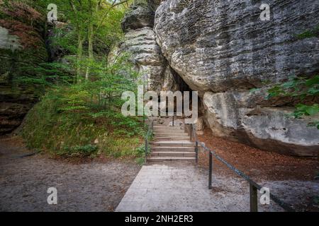 Sentier et escaliers sur le chemin du pont de Bastei (Basteibrucke) - Saxe, Allemagne Banque D'Images