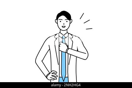 Un homme docteur en manteaux blancs tapotant sa poitrine. Banque D'Images