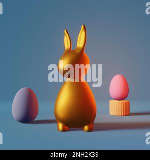 Happy Easter carte de vœux jaune brillant oeufs de lapin doré futuriste bleu néon lumière 3D rendu. Style contemporain et minimaliste. Ambiance de fête moderne Banque D'Images