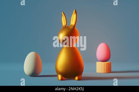 Happy Easter carte de vœux jaune brillant oeufs de lapin doré futuriste bleu néon lumière 3D rendu. Style contemporain et minimaliste. Ambiance de fête moderne Banque D'Images