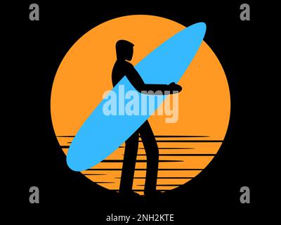 Surfer avec planche de surf sur fond de coucher de soleil. Silhouette d'un surfeur et de palmiers sur fond de soleil. Design pour bannières, affiches et pro Illustration de Vecteur