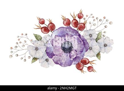 Aquarelle Boho Anemone fleurs, feuilles, branches et baies motif Halloween. Sorcière Illustration isolée sur le fond blanc pour la carte, invitation Banque D'Images