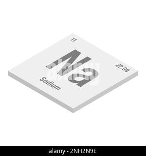 Sodium, Na, gris 3D illustration isométrique de l'élément de table périodique avec nom, symbole, numéro atomique et poids. Métal alcalin à diverses utilisations industrielles, comme dans le savon, certains types de verre, et comme médicament pour certaines conditions médicales. Illustration de Vecteur