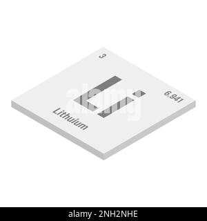 Lithium, Li, gris 3D illustration isométrique de l'élément de table périodique avec nom, symbole, numéro atomique et poids. Métal alcalin à diverses utilisations industrielles, comme dans les piles, la céramique, et comme médicament pour le désordre bipolaire. Illustration de Vecteur