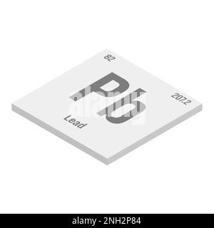 Plomb, Pb, gris 3D illustration isométrique de l'élément de table périodique avec nom, symbole, numéro atomique et poids. Métal lourd à diverses utilisations industrielles, comme dans les batteries, la plomberie et comme composant de certains alliages. Illustration de Vecteur