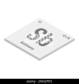 Antimoine, SB, gris 3D illustration isométrique de l'élément de table périodique avec nom, symbole, numéro atomique et poids. Métalloïde à diverses utilisations industrielles, comme dans les retardateurs de flamme, les batteries et comme semi-conducteur dans les dispositifs électroniques. Illustration de Vecteur