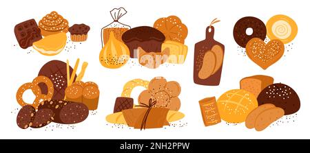 Compositions de produits à base de pain. Différentes pâtisseries. Cuisson de farines. Petits pains de blé et de seigle. Pains de baguette. Croissants et petits pains savoureux Illustration de Vecteur