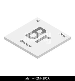 Brome, BR, gris 3D illustration isométrique de l'élément de table périodique avec nom, symbole, numéro atomique et poids. Halogène à diverses utilisations industrielles, comme dans les retardateurs de flamme, la purification de l'eau, et comme fumigant dans l'agriculture. Illustration de Vecteur
