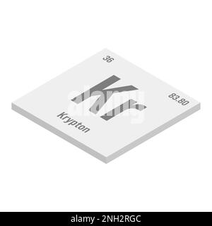 Krypton, Kr, gris 3D illustration isométrique de l'élément de table périodique avec nom, symbole, numéro atomique et poids. Gaz inerte à diverses utilisations industrielles, comme dans l'éclairage, les lasers et comme gaz de remplissage dans certains types d'isolation. Illustration de Vecteur