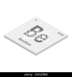 Béryllium, BE, gris 3D illustration isométrique de l'élément de table périodique avec nom, symbole, numéro atomique et poids. Métal léger à haute résistance et résistance à la chaleur, couramment utilisé dans les industries de l'aérospatiale et de la défense. Illustration de Vecteur