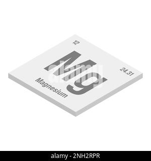 Magnésium, mg, gris 3D illustration isométrique de l'élément périodique de la table avec nom, symbole, numéro atomique et poids. Métal alcalin de terre avec diverses utilisations industrielles, comme dans les alliages, la construction, et comme composant dans certains médicaments. Illustration de Vecteur
