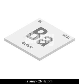 Baryum, Ba, gris 3D illustration isométrique de l'élément périodique de la table avec le nom, le symbole, le numéro atomique et le poids. Métal alcalin de terre à usage industriel limité, mais couramment utilisé en imagerie médicale et en tant que composant de fluides de forage. Illustration de Vecteur