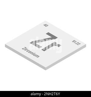 Zirconium, ZR, gris 3D illustration isométrique de l'élément de table périodique avec nom, symbole, numéro atomique et poids. Métal de transition à diverses utilisations industrielles, comme dans certains types de réacteurs nucléaires, certains types de verre et comme composant dans certains types d'alliages. Illustration de Vecteur