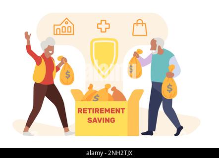 Les personnes âgées collectent l'épargne-retraite. Un couple âgé met des sacs d'argent dans une boîte. Fonds de pension. Dépôt bancaire. Placement en espèces des retraités. Homme âgé Illustration de Vecteur