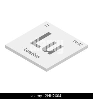 Lutétium, lu, gris 3D illustration isométrique de l'élément de table périodique avec nom, symbole, numéro atomique et poids. Métaux terreux rares avec diverses utilisations industrielles, comme dans l'imagerie médicale, l'énergie nucléaire, et comme catalyseur dans certaines réactions chimiques. Illustration de Vecteur