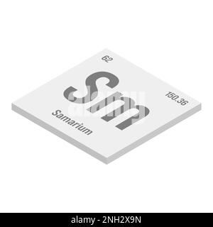 Samarium, SM, gris 3D illustration isométrique de l'élément de table périodique avec nom, symbole, numéro atomique et poids. Métal de terre rare avec diverses utilisations industrielles, comme dans les aimants, l'éclairage, et comme un composant dans certains types de verre. Illustration de Vecteur